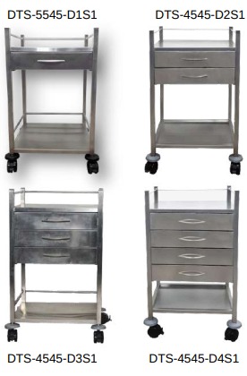 DRESSING TROLLEY 2 SHELVES WITH 1,2,3,4 DRAWER SQUARE TUBE WITH SIDE RAIL (OPTIONAL):